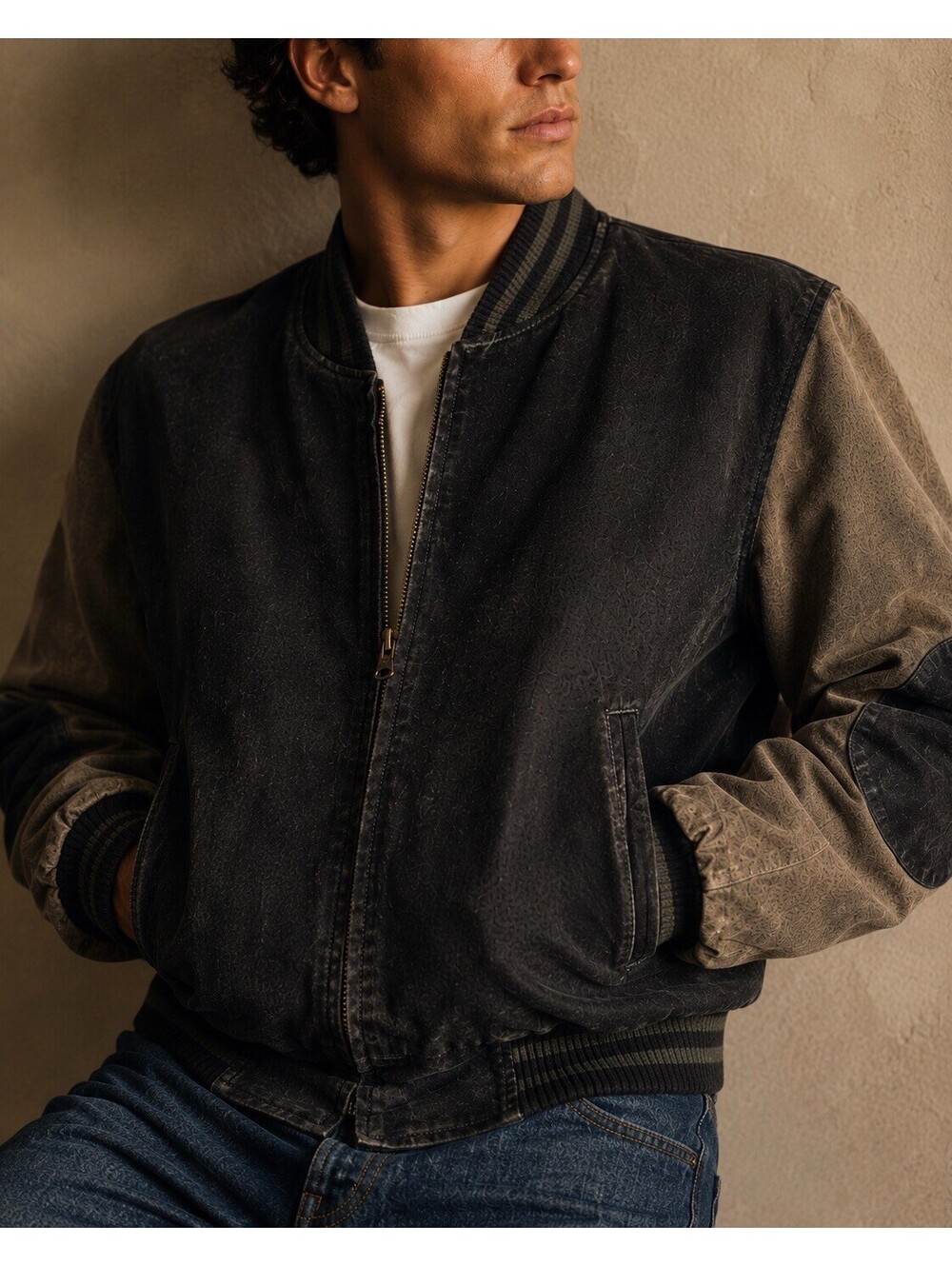 Outbrook Leather Bomber Jacket Black Gray Suede Varsity Zip Jacket Men’s M